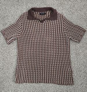 PACSUN Open Knit Short Sleeve Top Shirt Men Size Large Brown White 100% Cotton